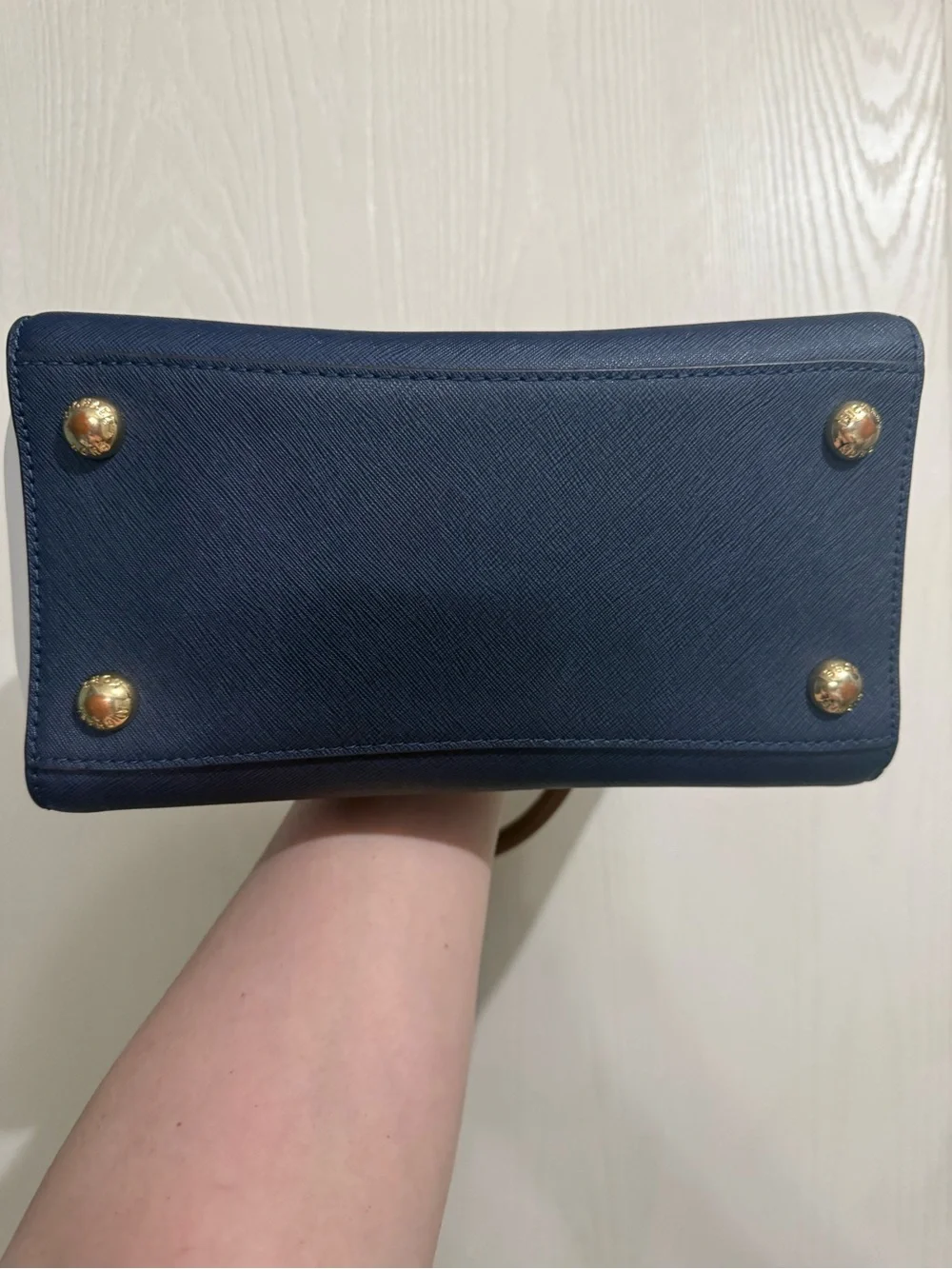 Michael Kors Brown Navy White Leather Satchel with Gold MK Accent